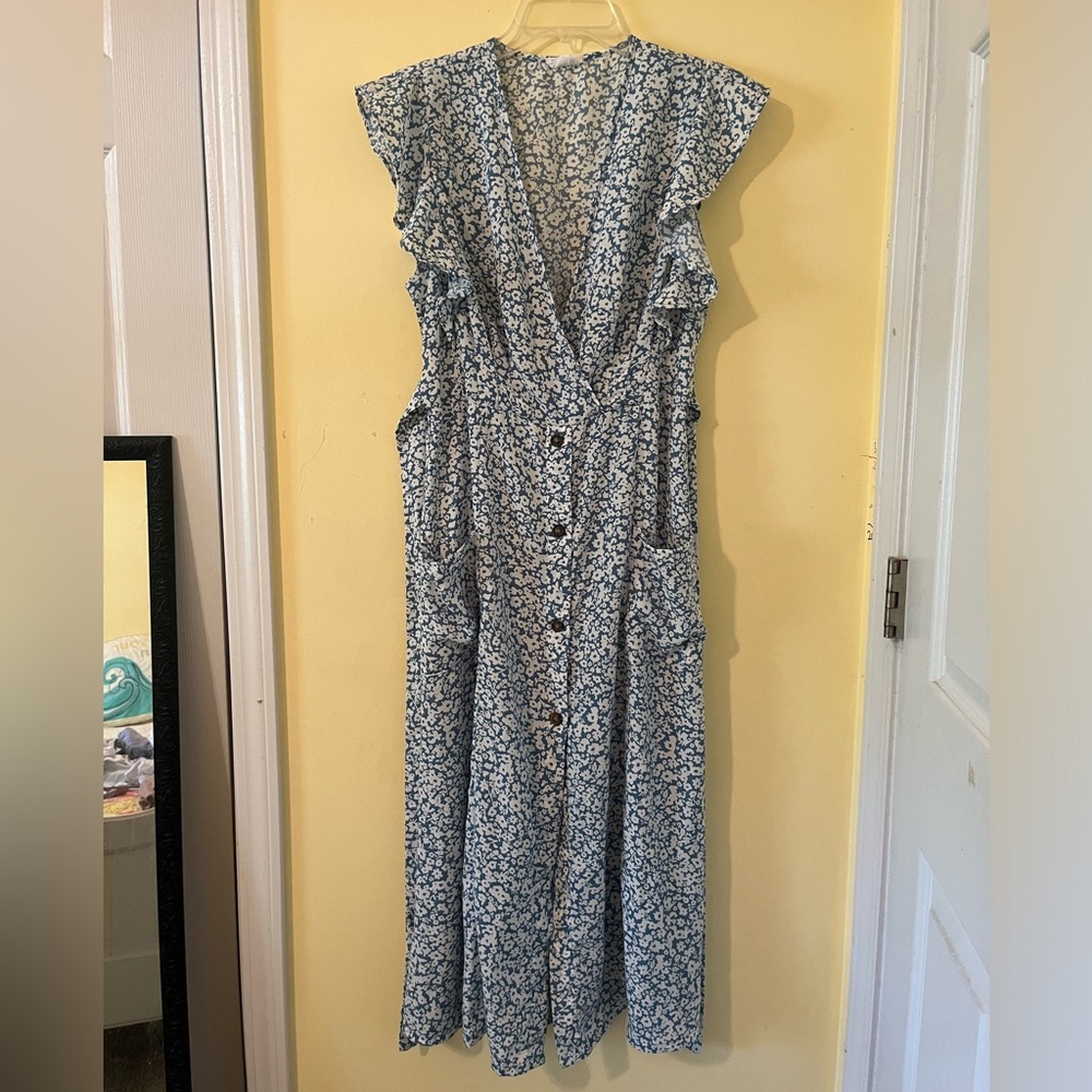 Blue and White Floral Midi Dress